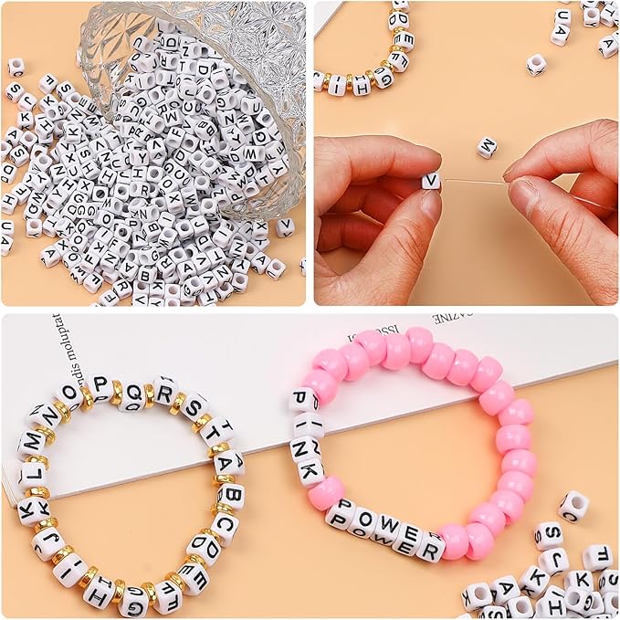 Augshy 1400pcs Square Acrylic Alphabet Beads Bracelet A-Z Cube Letters Beads for Bracelets Necklaces Phone Lanyard Making with 1 Roll 10M Crystal String Cord for Jewelry Making(6mm)