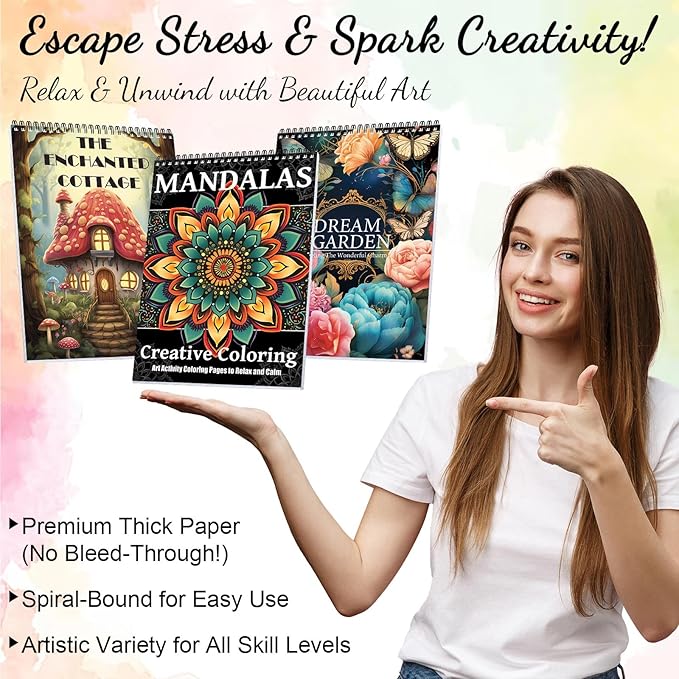 3Pcs Coloring Books for Adults Relaxation, Adult Coloring Books for Women Spiral Bound Printed On One Side, Mindfulness Gifts with 72 Patterns for Women to Relax(Mandala & Garden & Cottage)