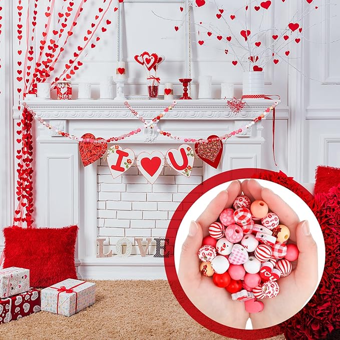200 Pcs Valentines Day Wood Beads Pink White Hearts Beads Colorful Plaid Wooden Round Craft Wooden Natural Rustic Craft Kits for DIY Crafts Garland Party Supplies Decor