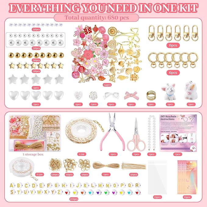 Wurosi 680 Pcs Keychain Making Kits, Pink DIY Bag Charm Kit, 78.74 Inch Chains, Key Chain Hooks, Jump Rings, Lobster Clasps, 225 Charms & Letter, Tools, Great for a Custom Gift, Party, or Family Activ