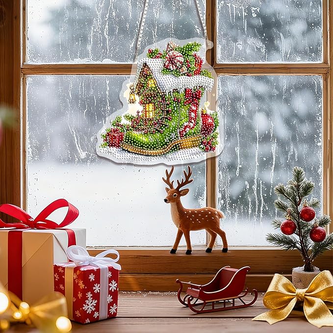 EMIEAUFG Christmas Diamond Art Hanging Kit for Adult, Xmas Boots Diamond Art Pendants, Double Sided Acrylic & 5D Special Shaped Rhinestone, Christmas DIY Ornament for Window Home Wall Decor
