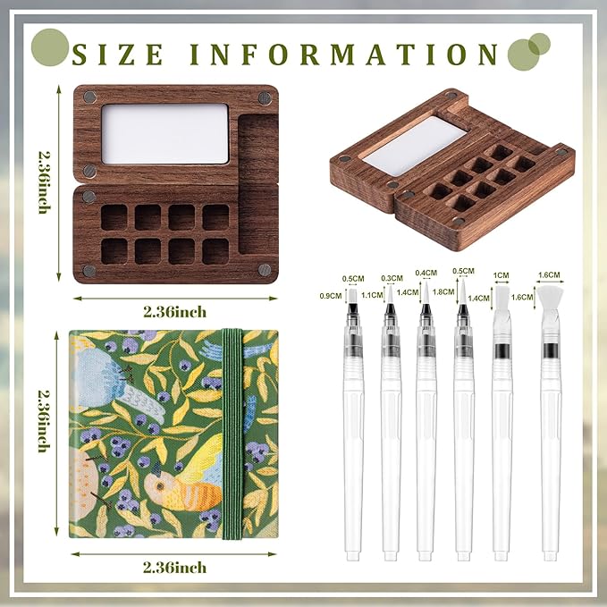 Qilery Mini Portable Watercolor Palette Set Wooden Grid Paint Box Watercolor Paper Sketch Book Brush Pens with Binder Clip for Painters Artist Not Include Paint(Bird)
