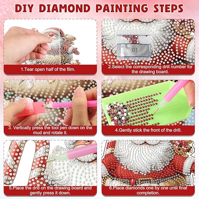 DOMROM Santa Diamond Art Hanging Kits for Adults Beginner, Christmas Special Shaped Crystal Diamond Painting Santa Pendant, DIY Diamond Art Suncatchers for Home Garden Wall Decor Gift