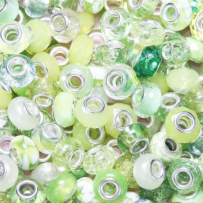 150Pcs Large Hole Beads Spacer Beads Light Green Assorted European Craft Big Beads Large Hole Lampwork Murano Bead Fairy Wand Garden Bead for DIY Bracelet Necklace Jewelry Making Decoration Supplies