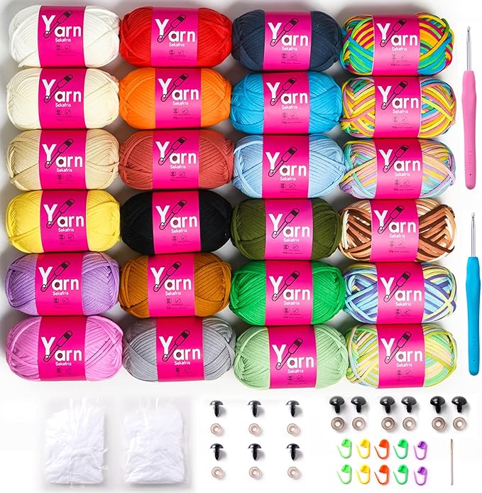 Cotton Chunky Yarn Set - 24 * 50g - Beginner Crochet Yarn with Easy-to-See Stitches - Black, White, Orange, Red, Green, Rainbow, Pink - Ideal for Amigurumi and More