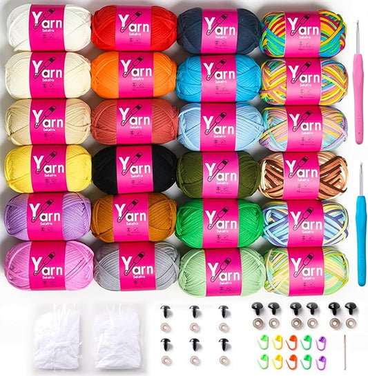 Cotton Chunky Yarn Set - 24 * 50g - Beginner Crochet Yarn with Easy-to-See Stitches - Black, White, Orange, Red, Green, Rainbow, Pink - Ideal for Amigurumi and More
