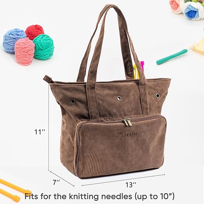 Large Yarn Tote Organizer – Corduroy Knitting Storage Holder for Yarn, Hooks & Accessories, Portable Craft Carryall for Crocheting Lovers, Mother’s Day Gift
