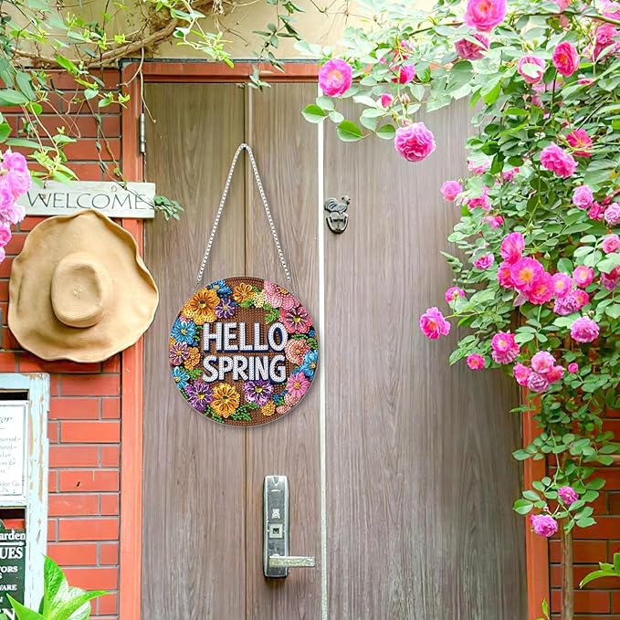 KEYIFA Spring Diamond Painting Kit, DIY Flowers Diamond Art for Adults, Diamonds Pendant Special Shaped Rhinestone Window Hanging Ornaments Home Garden Wall Door Decoration, 20cm Width