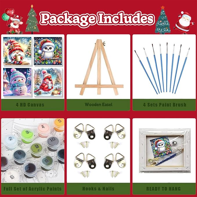 4 Pack Christmas Paint by Number for Kids with Wooden Frame, Paint by Numbers for Kids Xmas Ages 4-8-12, Easy Cardinal Gnome Snowmen Owl DIY Acrylic Oil Painting Kits for Home Wall Decor (8X8 inch)