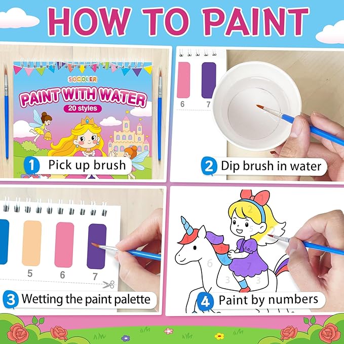 SOCOLER Paint with Water Coloring Books for Toddlers,Mess Free Watercolor Painting Papers for Kids Water Color Paint Kit Art Craft Birthday Gift for Ages 1-3, 4-8(Princess and Party)