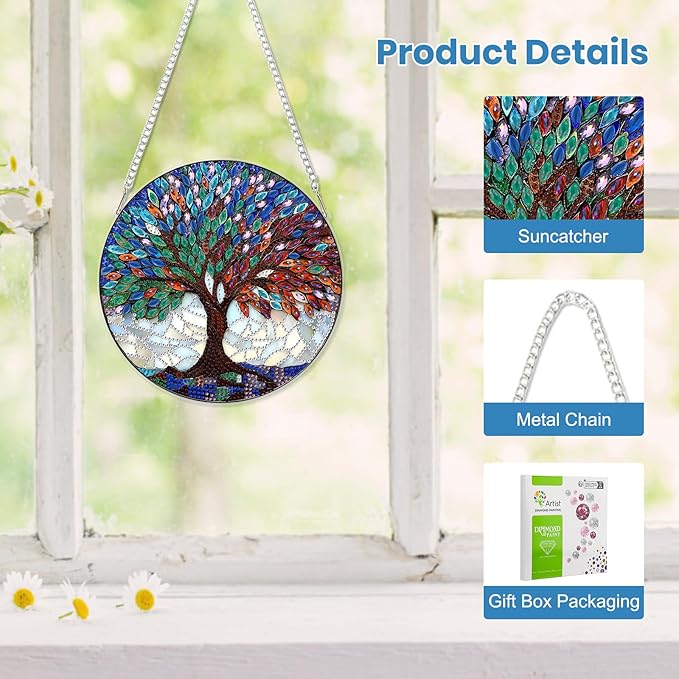 EOBROMD Diamond Hanging Art Kits for Adults, Colorful Tree of Life DIY Special Shaped Rhinestone Kits for Adults, Diamond Art Painting Suncatcher, Window Pendants Home Garden Wall Hanging Ornament