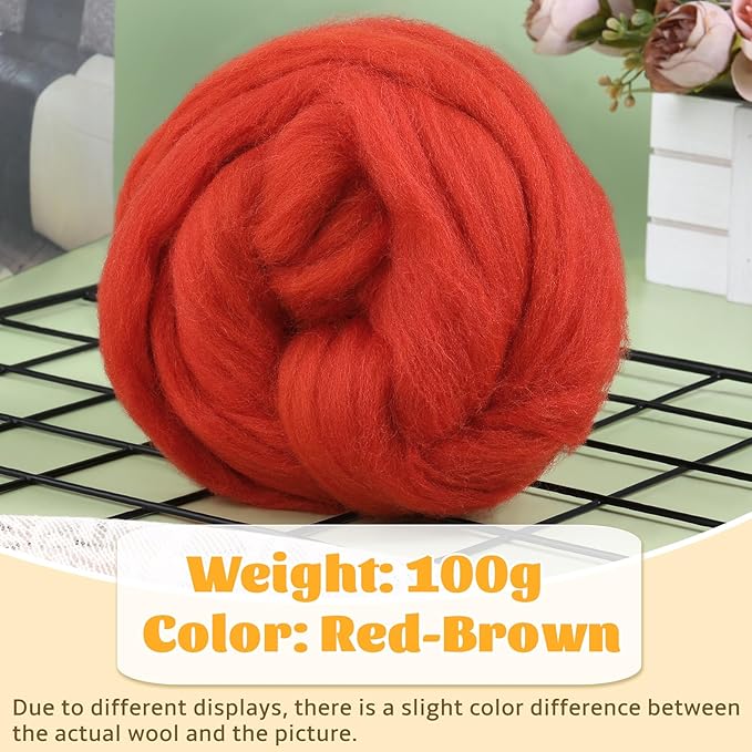 3.53oz Wool Roving, Fiber Roving Wool Top, Needle Felting Supplies, Pure Wools, Chunky Yarn, Spinning Wools for Needle Felting Wet DIY Hand Spinning (Dark red)