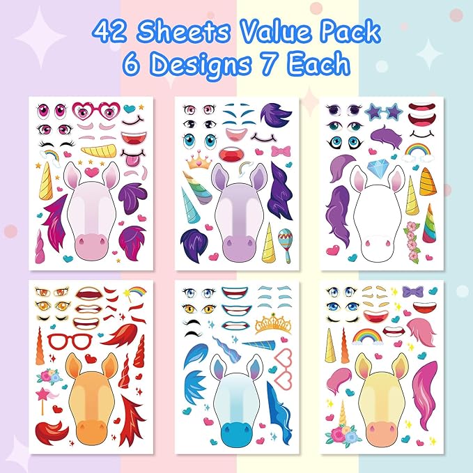 aowplc 42 sheets unicorn make‑a‑face stickers, fantasy party favors, crafts & activities, birthday supplies for kids & girls