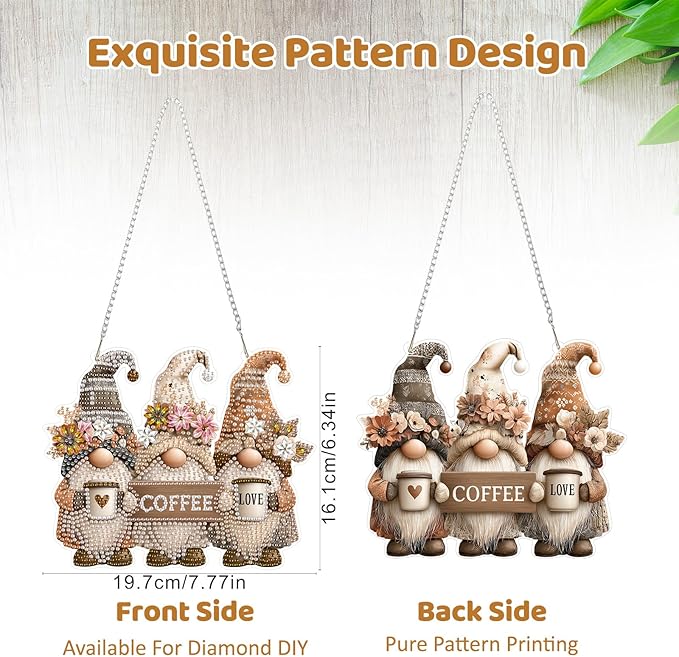 MEIYUDA Gnomes Diamond Art Hanging Kits for Adult, Coffee Gnomes Diamond Painting Hanging Kits Ornaments, DIY Special Shaped Rhinestone Window Pendants kit for Home Garden Wall Decor Gift