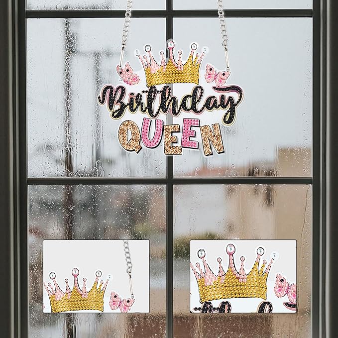AiYuanzsh Birthday Queen Diamond Painting Hanging Sign – 5D DIY Diamond Art Kit with Crystal Rhinestones, Wall Door Window Decoration, Gift for Women or Adults