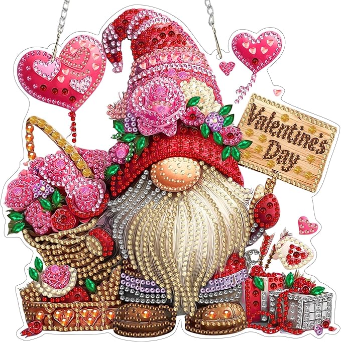 MXJSUA Diamond Art Hanging Kits for Adults Beginners, Valentine's Day Gnomes DIY Acrylic Special Shaped Crystal Diamond Gem Art Pendant Drills Painting Ornament for Home Wall Decor and Gift
