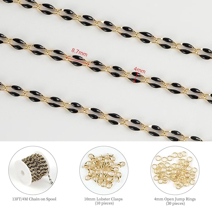 13 Feet/4M Gold Plated Brass Jewelry Making Chain Spool Black Oil Drip Enamel Chain Necklace Large Lip Chain with Lobster Clasps Jump Rings for DIY Craft Supply Jewelry Findings