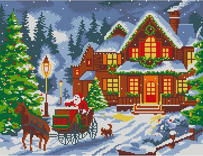 Zhenqing Christmas Snow Night Printed Cross Stitch Kit - 11CT 38x48cm with Threads, Needle & Pattern, No Hoop Needed for Beginners (65830)