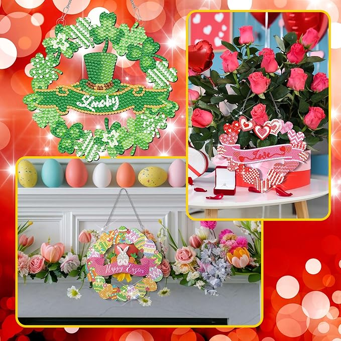 Cinnvoice 12 Pcs Seasonal Diamond Art Wreath Kits Holiday 5d DIY Diamond Art Hanging Signs Winter Spring Ornaments for Wall Door Decoration(Wreath)