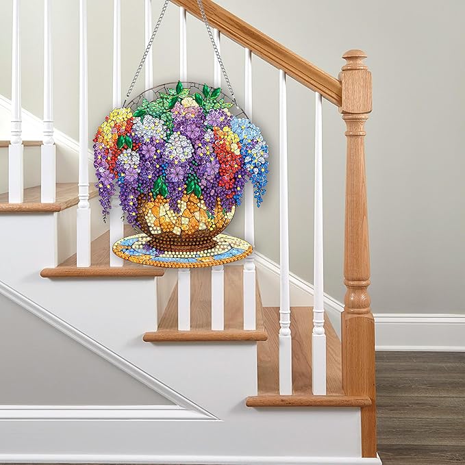 Pavemlo Hanging Diamond Art Kits for Adults Purple Flower – 8x8 Inch Double-Sided Acrylic Board DIY Crystal Diamond Suncatcher Pendant, Sparkling Home Wall or Window Decoration Handmade Gift