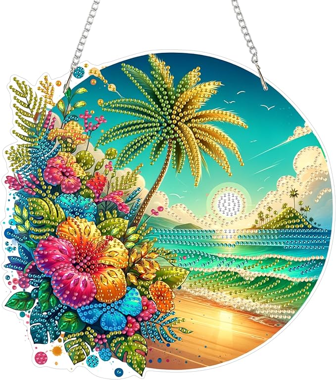 Aeepics Hanging Diamond Art Kit for Adult, DIY Diamonds Painting Pendant Ornament Kit, Acrylic Diamond Art Painting Board Kit (Beach)