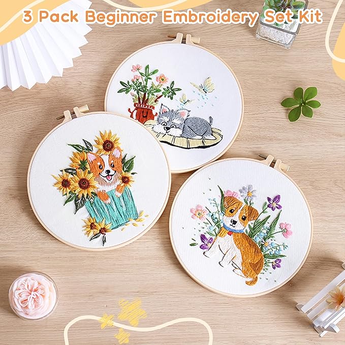 useamie 3 pack embroidery kit, diy cross stitch starter set, includes 3 embroidery patterns, embroidery hoop, printed embroidery fabric, needles,perfect for art supplies for home decoration and gift