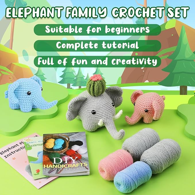 WONVOC Crochet Starter Kit, Beginner Crochet Kit for Adults, Step-by-Step Instructions, Video Tutorial, Knitting Supplies, for Creating Cute Elephant Family