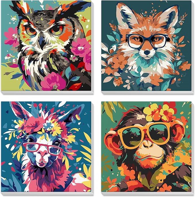 4 Pack Paint by Numbers Kit for Kids Beginner with Wooden Frame, Fantasy Owl, Fox, Llama, Monkey, Paint by Numbers Kit for Adults, Animal with Flowers, DIY Painting Kits for Home Wall Decor 8x8 inch