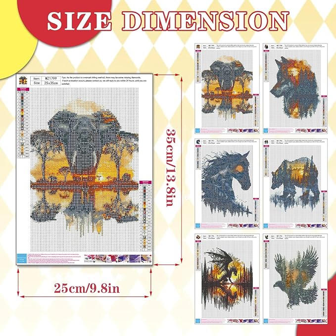 igoodom 6 Pack Animal Diamond Art Kits for Adults, Diamond Painting Kit, Full Drill Round Diamond Art Kits, DIY Gem Art and Crafts for Home Wall Decor Gift 9.8x13.7inch