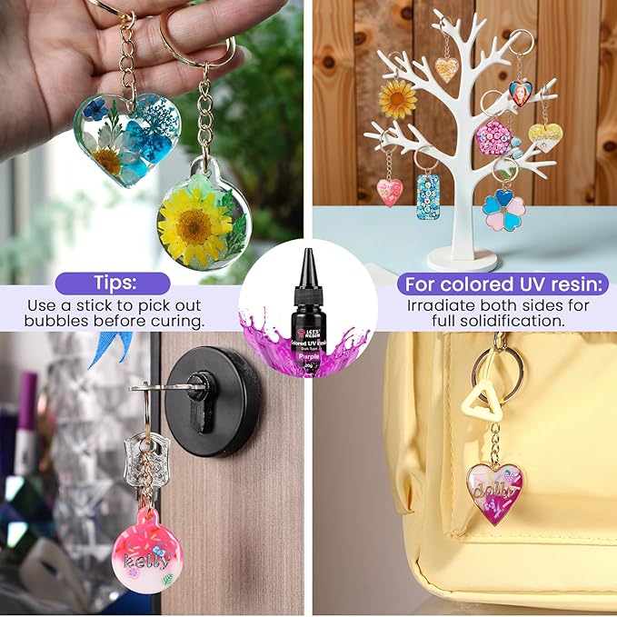 LET'S RESIN All-Inclusive Keychain Making Kit, 12-Color UV Resin with Keychain Molds Silicone, UV Light, 6 Styles Flower and Heart Open Bezels for Resin, Jewelry Making Kit for Beginners, Craft Decor