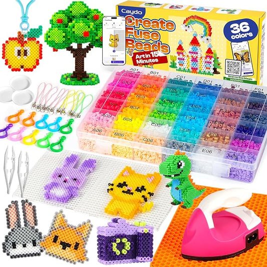 caydo fuse beads iron kit with design app & 200+ patterns for beginners, 10500pcs 36 colors 5mm iron beads for kids kit, customizable melting bead kit for 5-12 girls diy craft gift