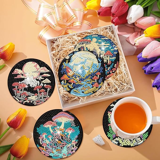 EWJRNSF 10 PCS Diamond Art Coasters Kit, Small Diamond Painting Coasters, Fall Diamond Art Kits for Adults Beginners, Arts and Crafts Supplies Item Sets with Holder Mushroom