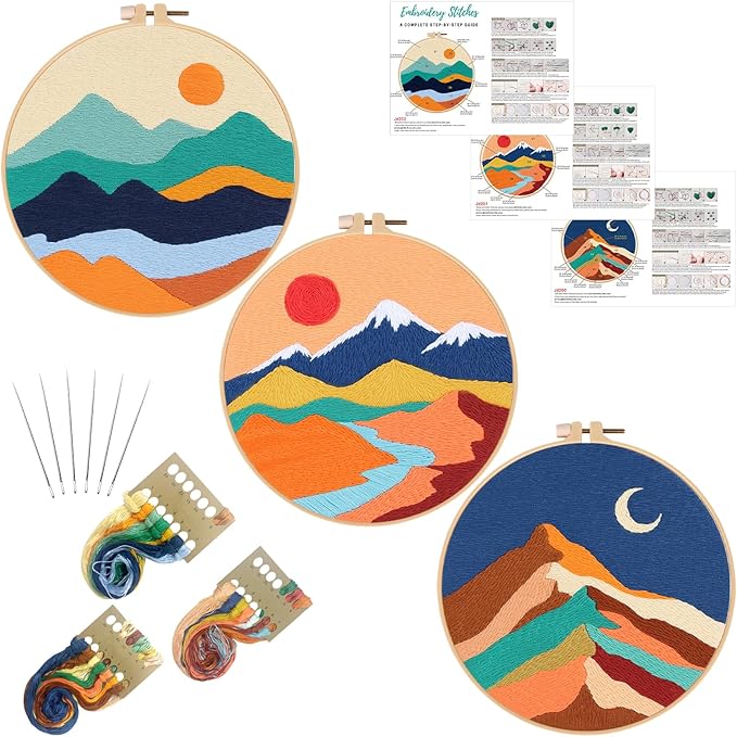 Louise Maelys 3 Set Landscape Embroidery Kits for Beginners,Cross Stitch Kit for Adults,DIY Needlepoint with Mountain Sun Moon Pattern
