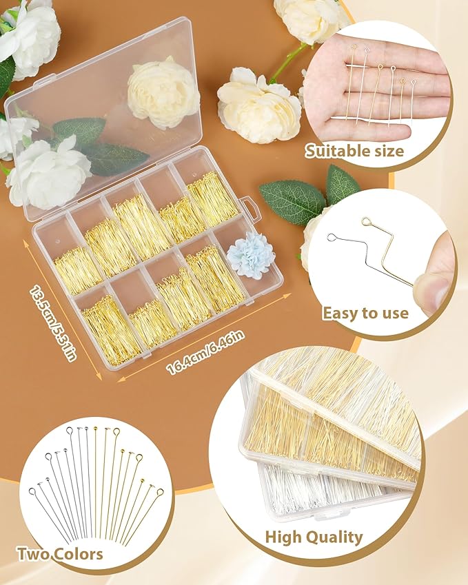 FIVEIZERO 900 PCS Eye Pins and Flat Head Pins for Jewelry Making, Metal Eyepins, Headpins & Ball Head Pins for DIY Earrings, Necklaces, Bracelets, Pendants, 1.2", 1.6", 2", Gold