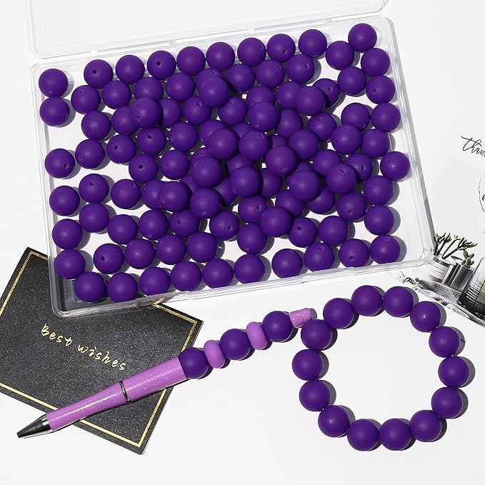120pcs Richbunnys 15mm Bulk Silicone Beads for Pens and Keychain Making,Large Bead for Necklace and Bracelets Making,Assorted Rubber Beads Set for Crafts(Purple)