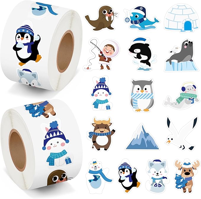 beyumi winter polar animal sticker - 1000pcs polar animal stickers in 2 rolls cute winter arctic adhesive kawaii animal decal holiday party favor supplies classroom office bottle decor