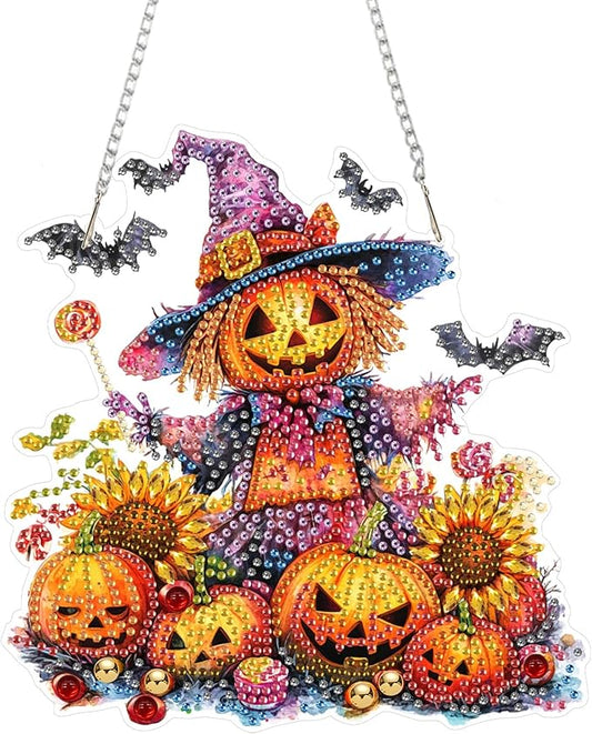 RICUVED Diamond Art Hanging Kit for Adult, Pumpkin Special Shaped Crystal Gem Craft Halloween Diamond Painting Pendant Kit for Beginners, Scarecrow DIY Hanging Diamond Art Ornament Kit for Home Garden