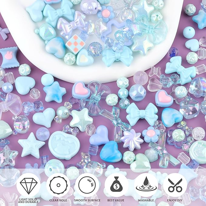 200-260pcs tinkrstuff assorted blue acrylic beads for bracelet making, cute beads for jewelry making flower bow butterfly candy gummybear aesthetic bracelet charms, diy necklace keychain phone charm