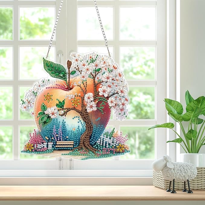 Bowetile Cherry Blossoms Diamond Art Hanging Kits for Adults, Diamond Art Suncatchers Apple, 5D Special Shape Diamond Painting Pendant Window Ornament Gifts for Home Wall Door Garden Decor