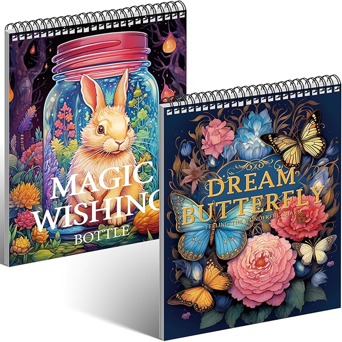 2Pcs Coloring Books for Adults Relaxation Coloring Book for Women Spiral Bound Printed On One Side Fun Magic Coloring Book(Magic Wishing & Dream Butterfly)