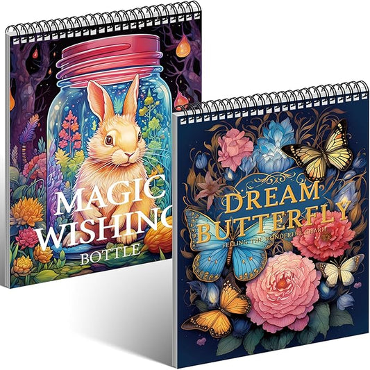 2Pcs Coloring Books for Adults Relaxation Coloring Book for Women Spiral Bound Printed On One Side Fun Magic Coloring Book(Magic Wishing & Dream Butterfly)