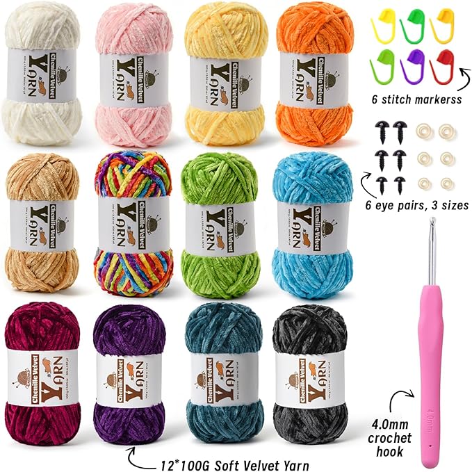 12 Pack Multicolor Crochet Yarn, Fluffy Chunky Chenille Yarn for Crocheting, Fuzzy Velvet Yarn for Crochet Kit, Baby Yarns for Crocheting Soft Amigurumi Yarns Set E (100g/87yds Each)