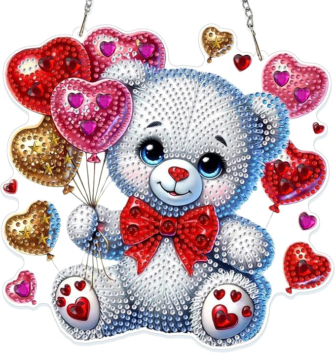 GHHKUD Bear Diamond Art Hanging Kit for Adults, DIY Double Sided Diamond Painting Hanging Valentines Kits Adults, Special Shaped Acrylic Ornaments Pendants for Window Home Garden Wall