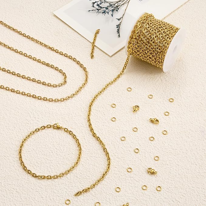 YOUBEIYEE 5 Meters Embossed Oval Jewelry Chains Bulk Gold Plated Stainless Steel Chain for Jewelry Making