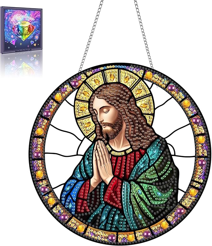 Wergund 5D DIY Jesus Diamond Art Hanging Kits, Hanging Diamond Art Religion, Acrylic Special Shaped Rhinestone, Window Hanging Pendants for Home Wall Garden Front Door Outdoor Decor Gift(Jesus)