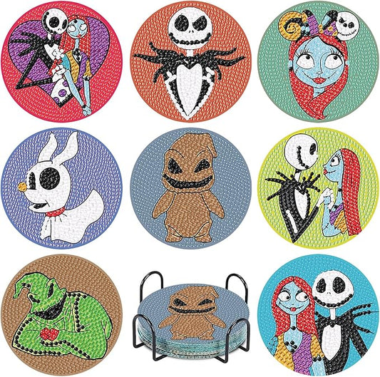 8Pcs Diamond Painting Coasters with Holder,DIY Halloween Life Coaster Diamond Art Kits for Adults, Full Drill Rhinestone Painting Kits for Adults & Kids,Beginners Art Craft Supplies