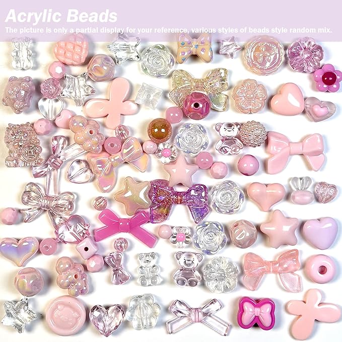 Assorted Acrylic Beads for Bracelet Making Kit, 150g Pink Cute Beads for Keychain Making, Kandi Charms, Kawaii Jewelry Making, DIY Crafts