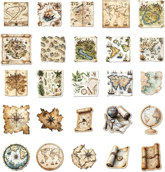 PRSTINCOL 100Pcs Vintage Sticker Pack,Cute Map Design Scrapbook Supplies, Vintage Aesthetic Junk Journal Accessories, Waterproof Vinyl Stickers for Water Bottles, Planners, Journals