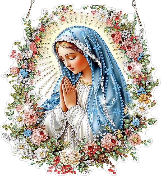 NAIMOER Diamond Art Hanging Kits for Adults Religious Virgin Mary 5D Special Shaped Rhinestone, DIY Acrylic Diamond Art Painting Window Pendants Home Garden Wall Hanging Ornament Kits, Double Sided