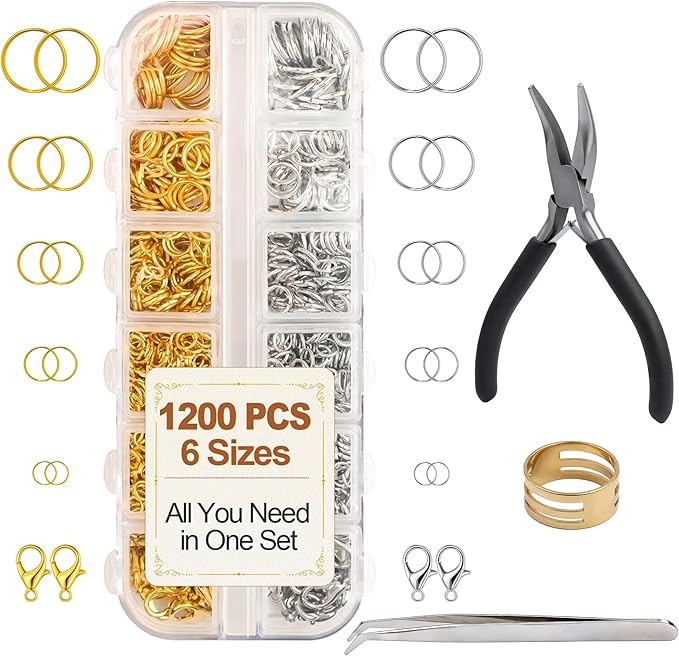 1200 PCS Jump Rings for Jewelry Making Supplies, Open Jump Rings Kit with Jump Ring Pliers & Tweezers, Gold & Silver Metal Split Rings for Necklace, Bracelet Repair & DIY Crafts
